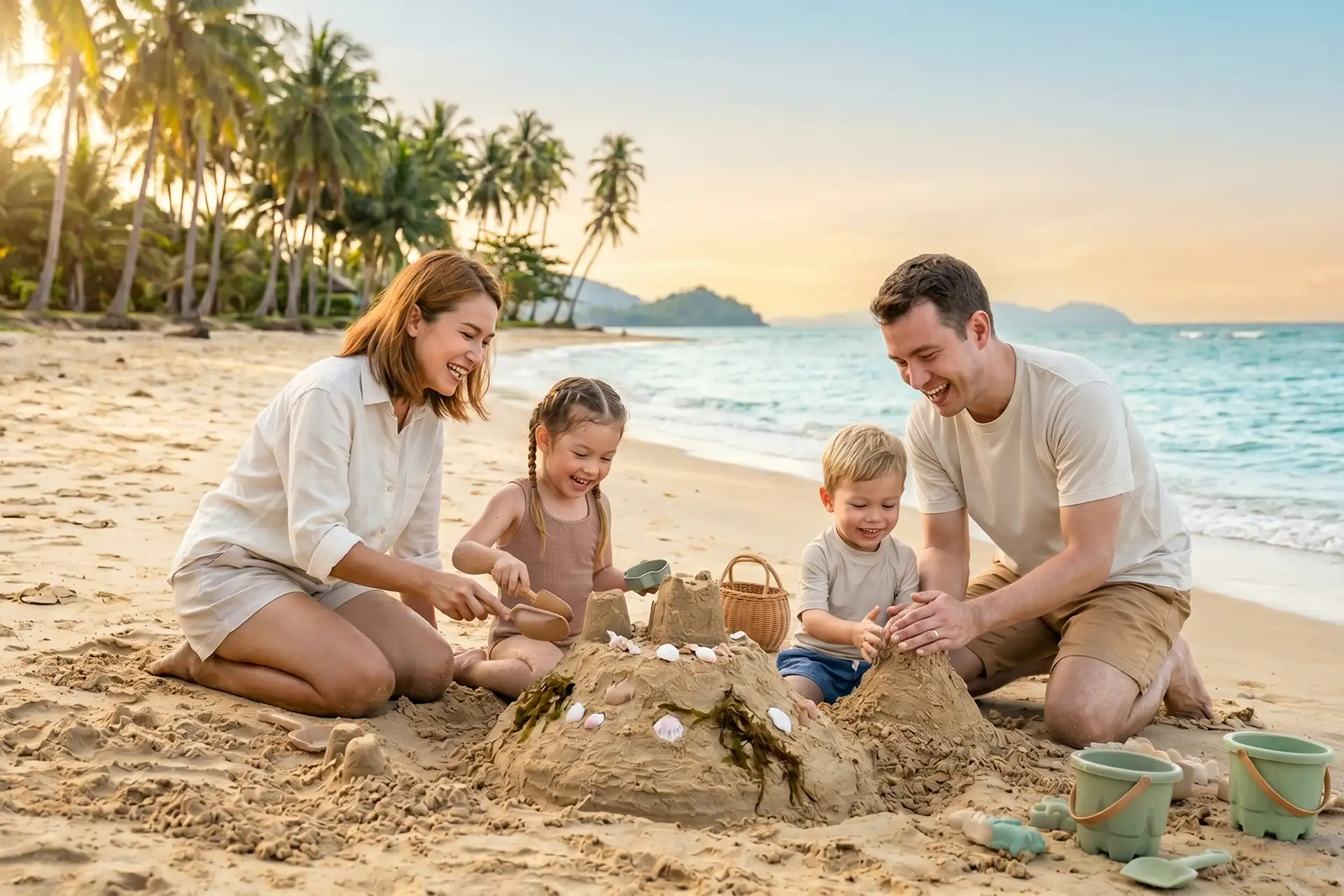 Family building a sandcastle together on a tropical beach at sunset